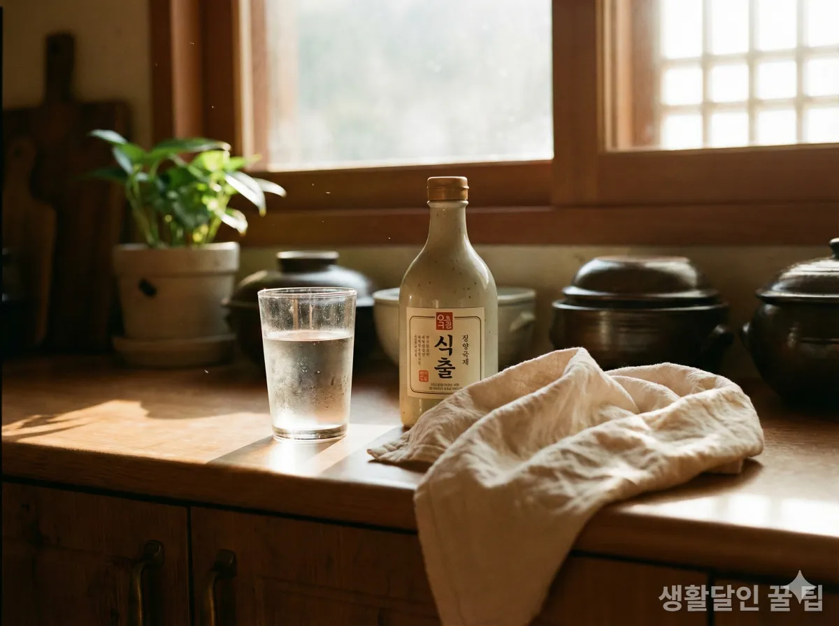 한국 가정집 주방에 놓인 식초, 물, 그리고 부드러운 천이 준비된 따뜻한 감성의 사진