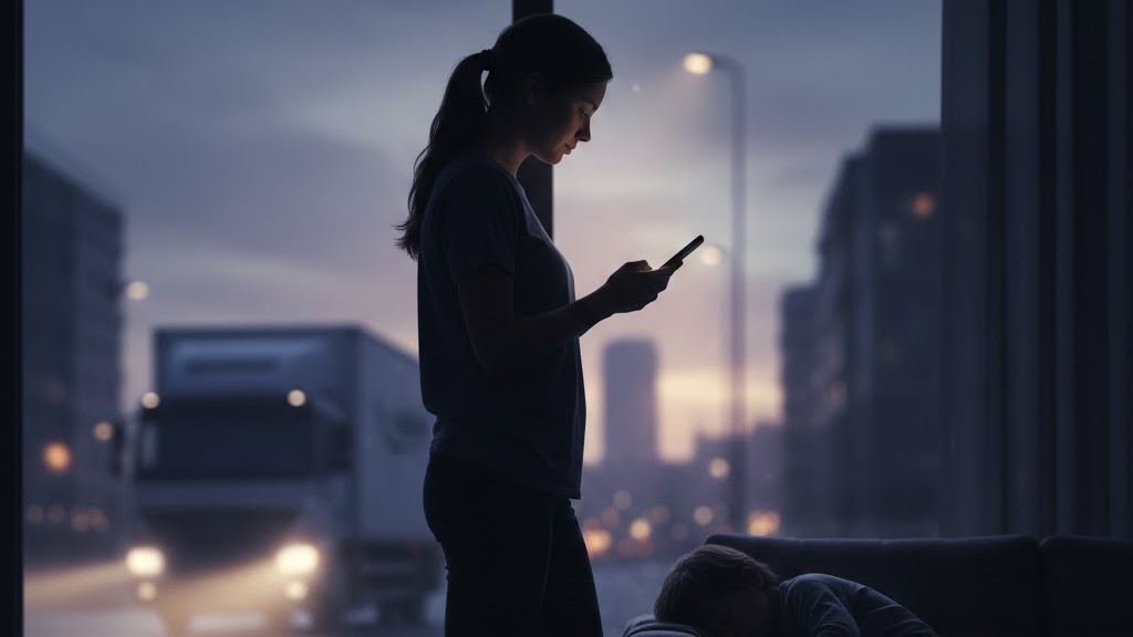 새벽녘 푸르스름한 조명 아래, 거실 창밖으로 지나가는 배송 트럭을 배경으로 서 있는 여성의 실루엣. 소파 위에는 아이가 잠들어 있고, 가족을 위한 노동의 동기를 상징적으로 보여줌.