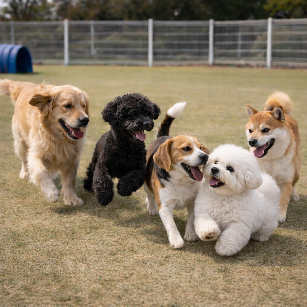 리트리버,푸들.비글,비숑,시바견이 함꼐 운동장에서 노는모습