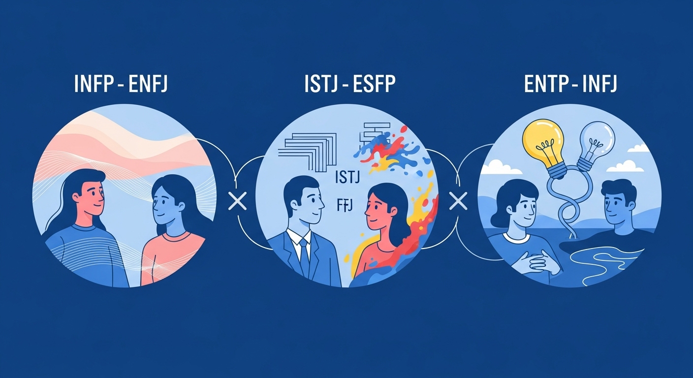 MBTI 궁합이 잘 맞는 세 커플이 서로를 이해하고 행복하게 소통하는 모습. INFP-ENFJ, ISTJ-ESFP, ENTP-INFJ 커플이 각자의 방식으로 조화를 이루고 있다.