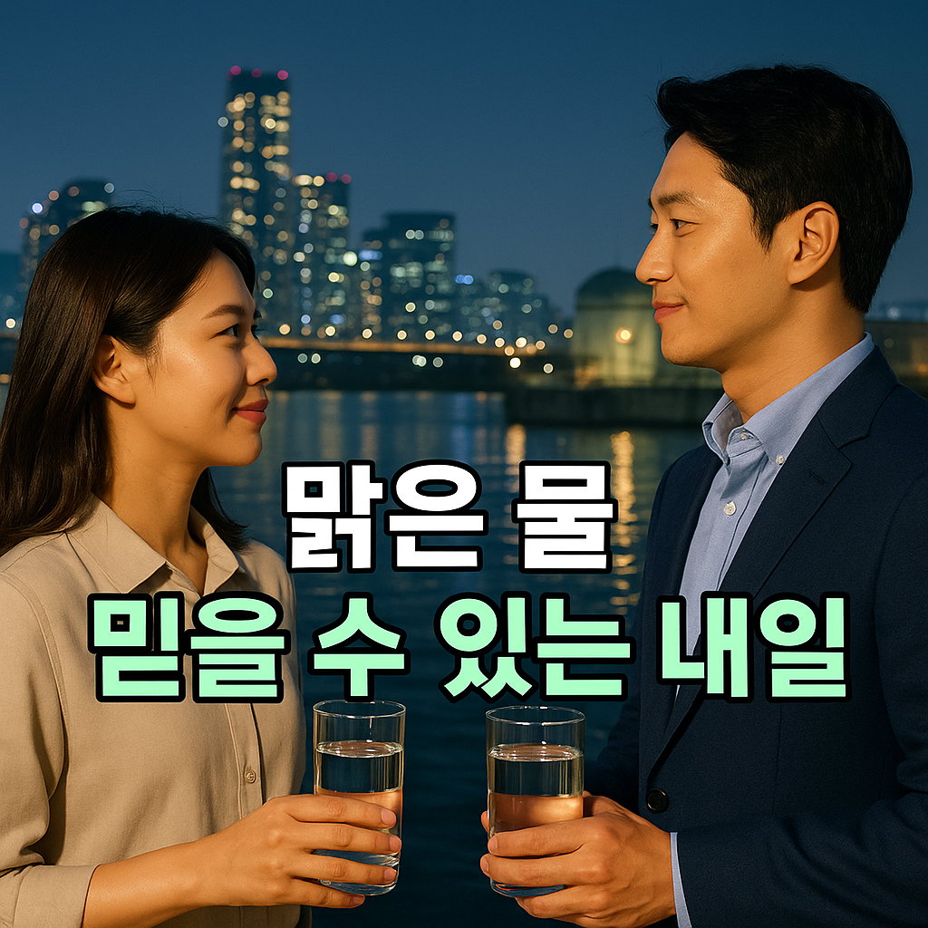 한강 야경 속에서 물잔을 들고 있는 서울시민