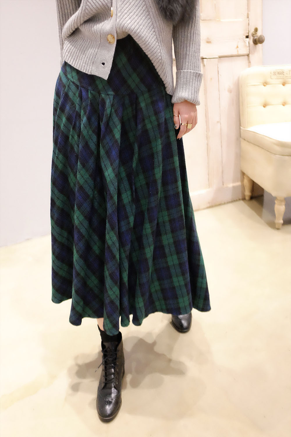 울체크 플레어 스커트