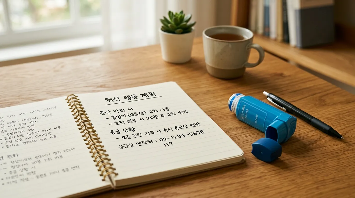 천식 행동 계획이 적힌 노트와 나란히 놓인 흡입기
