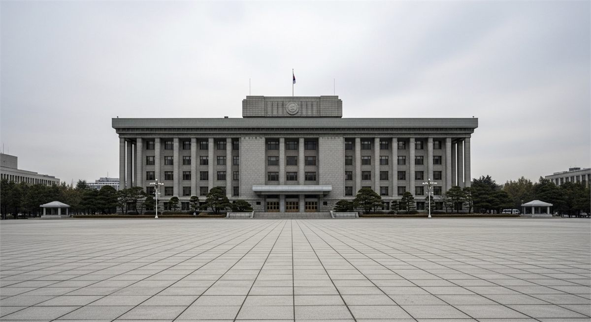회색 하늘 아래 무거운 분위기의 공공 건물 외관