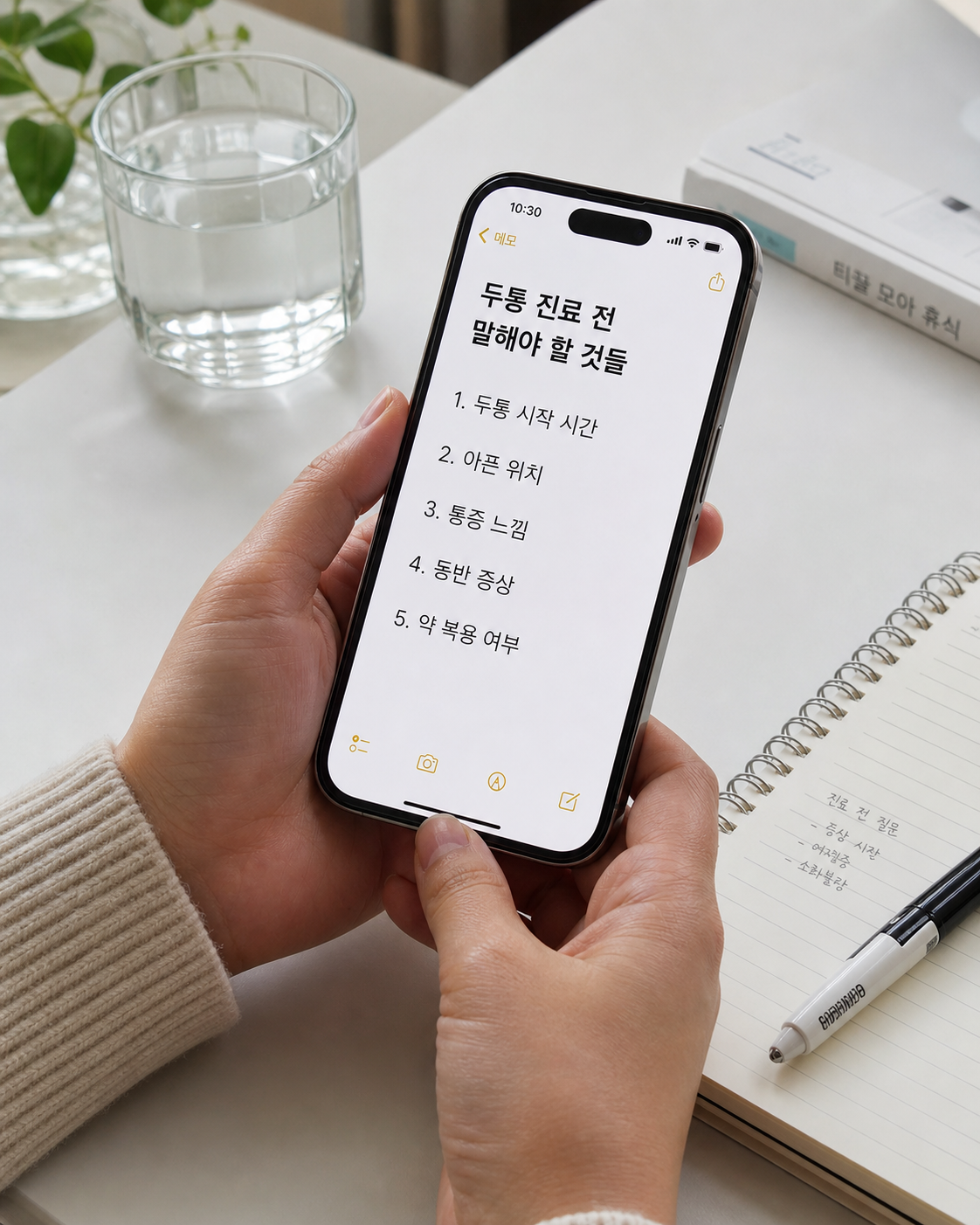 두통 진료 전에 증상을 말할 순서를 휴대폰에 정리하는 모습