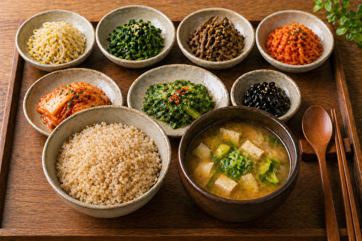 현미밥과 된장국, 다양한 나물 반찬으로 차려진 건강한 한식 밥상