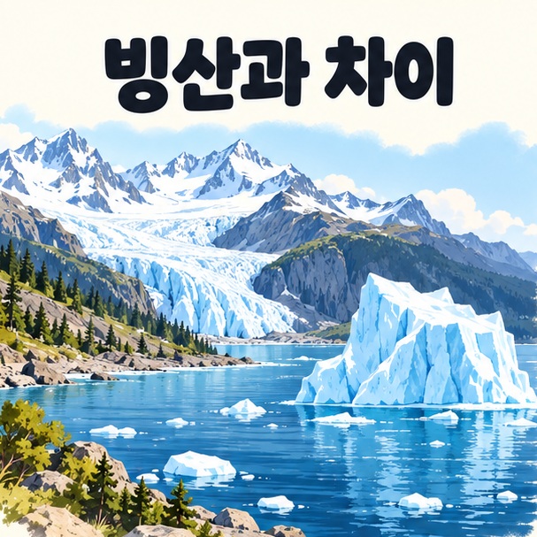 육지의 빙하 풍경과 물 위에 떠 있는 빙산을 나란히 표현한 일러스트