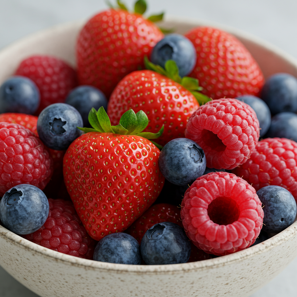 신선한 딸기, 블루베리, 라즈베리가 흰 그릇에 담겨있는 먹음직스러운 클로즈업 사진.