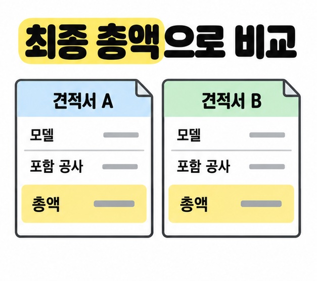 견적서 A와 B의 모델, 포함 공사, 총액 항목을 나란히 놓고 총액 행을 노란색으로 강조한 비교 그림