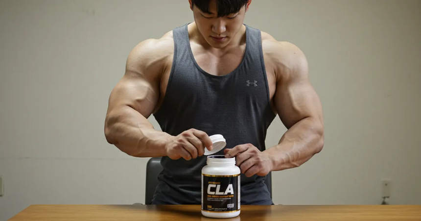 방안에서 CLA 영양제를 오픈하고 있는 남성 이미지