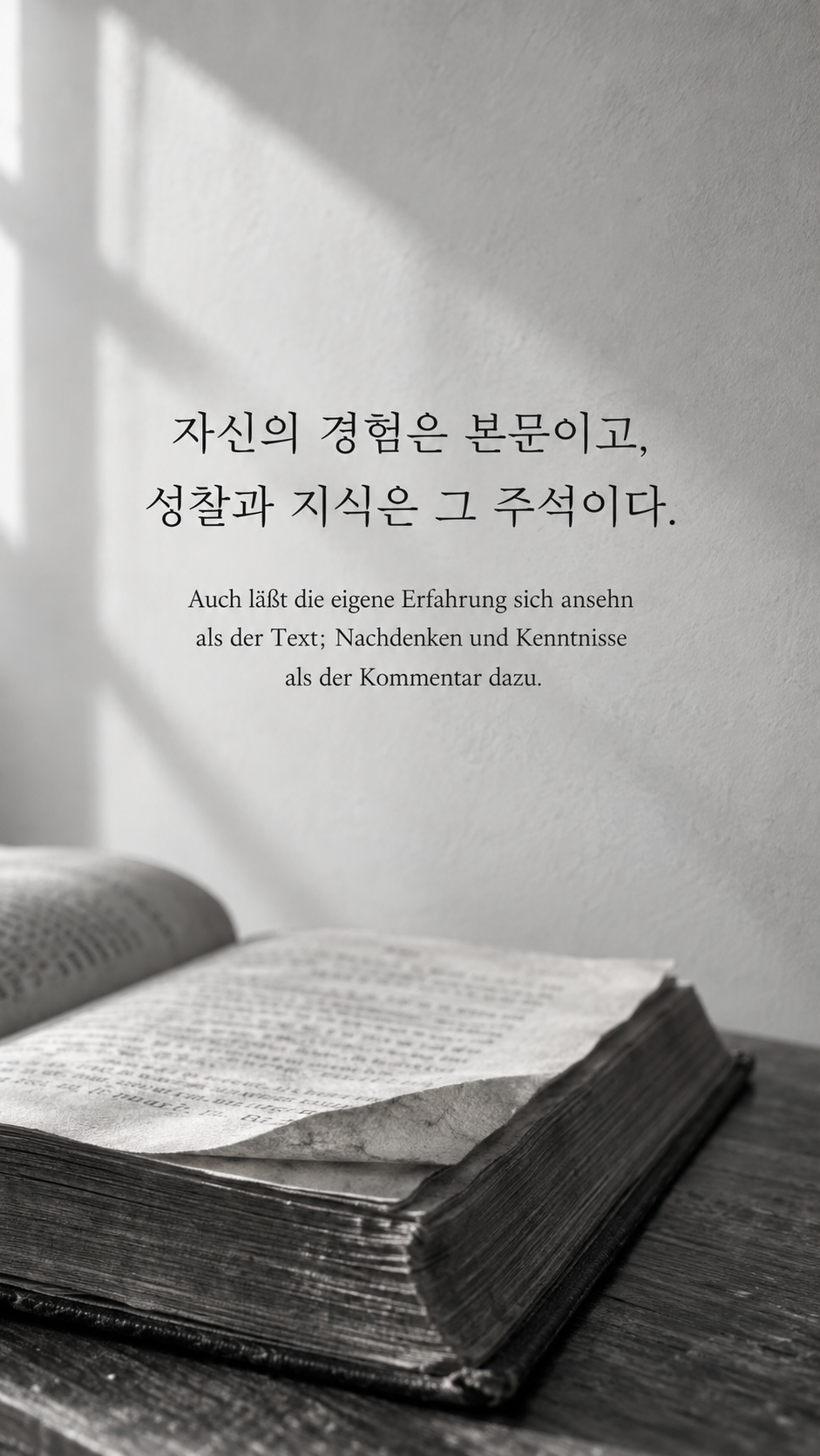 쇼펜하우어 명언 10 자신의 경험은 본문이고, 성찰과 지식은 그 주석이다. 여백에 접힌 표시가 있는 낡은 책 배경의 한글&middot;독일어 이미지