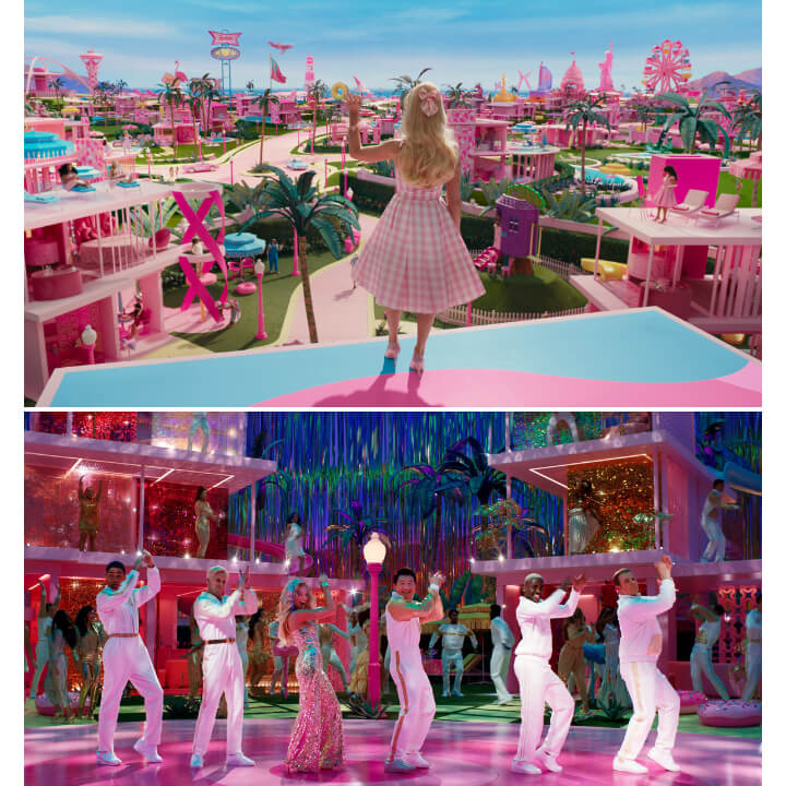 영화-바비의-컬러인-분홍색의-바비랜드와-출연진들이-춤을-추고-있다-a-pink-set-for-the-barbie-land-and-crews-are-dancing-in-the-set