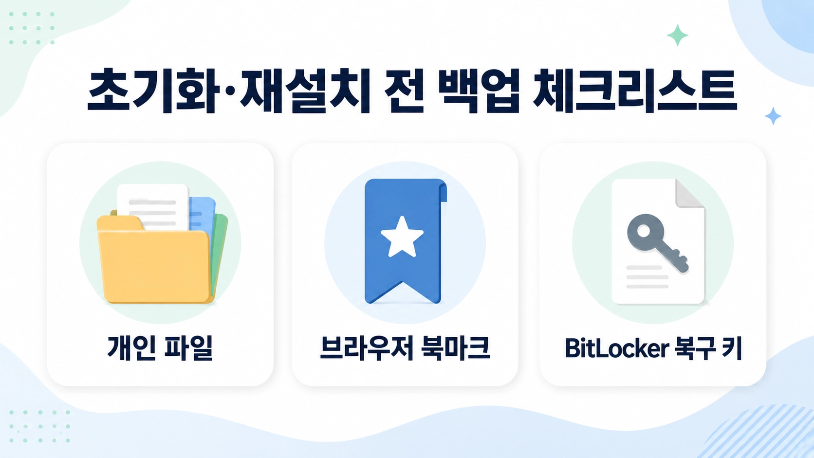 Windows 초기화와 재설치 전에 개인 파일과 브라우저 북마크 및 BitLocker 복구 키를 확인하는 체크리스트