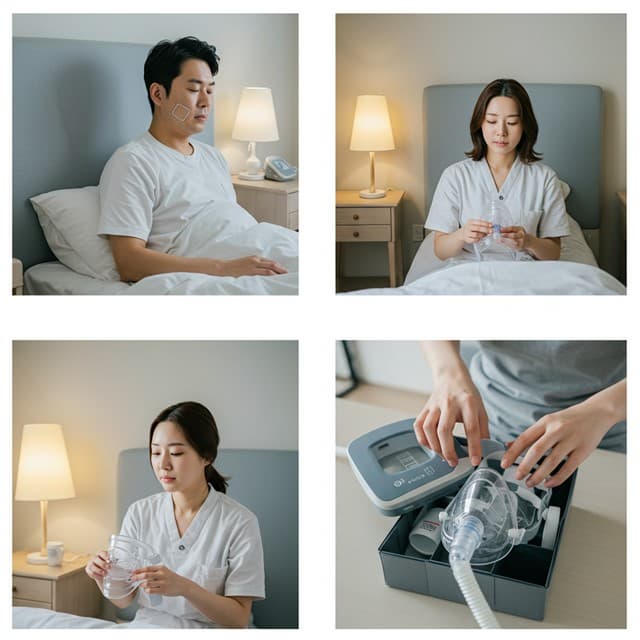 수면검사와 양압기 사용 장면을 함께 보여주는 이미지