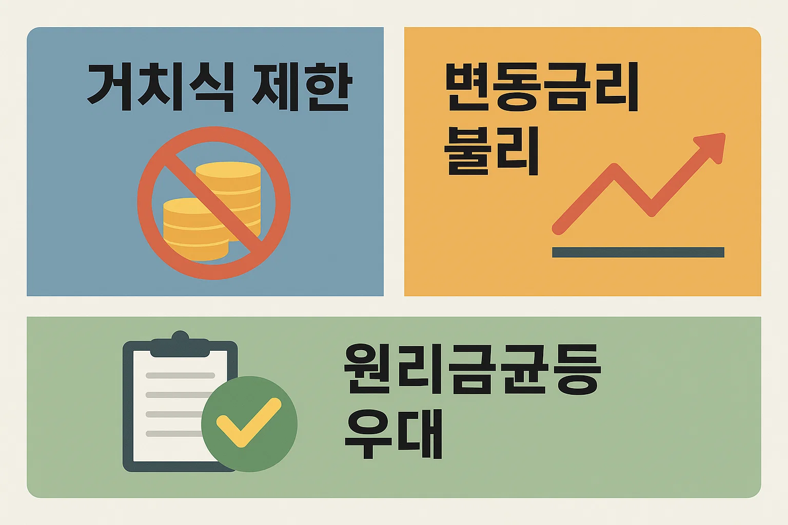 고정금리와 변동금리 적용 여부, 거치식 제한, 원리금균등상환 우대 조건 등 이자공제 인정 여부에 영향을 주는 핵심 포인트를 정리한 이미지입니다