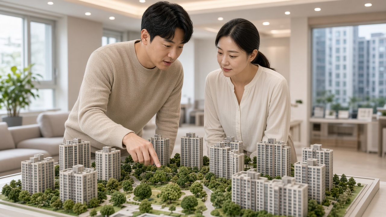 새 아파트 견본주택에서 단지 모형을 함께 살펴보는 30대 한국인 부부