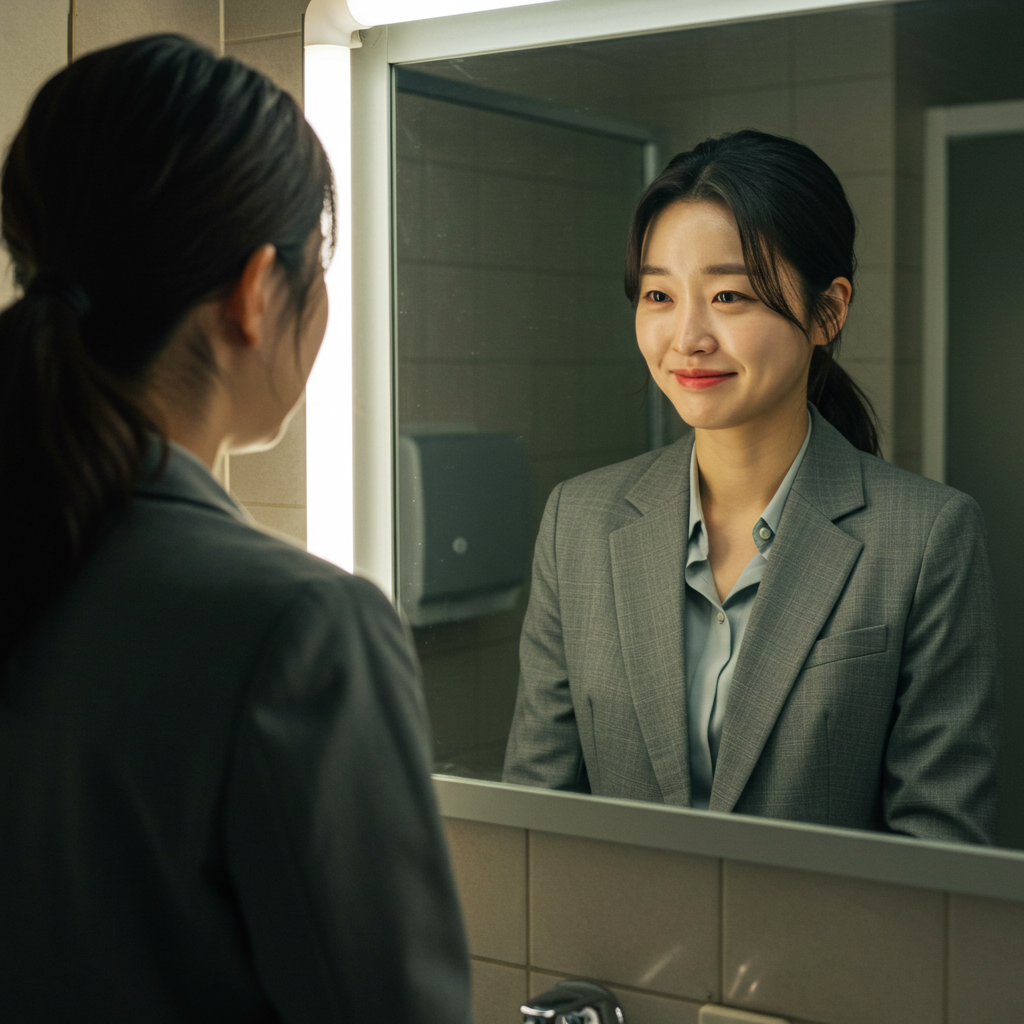 &quot;지친 모습의 한 직장인이 거울 속 응원하는 자신을 마주하며 자기 긍정을 실천하는 모습&quot;