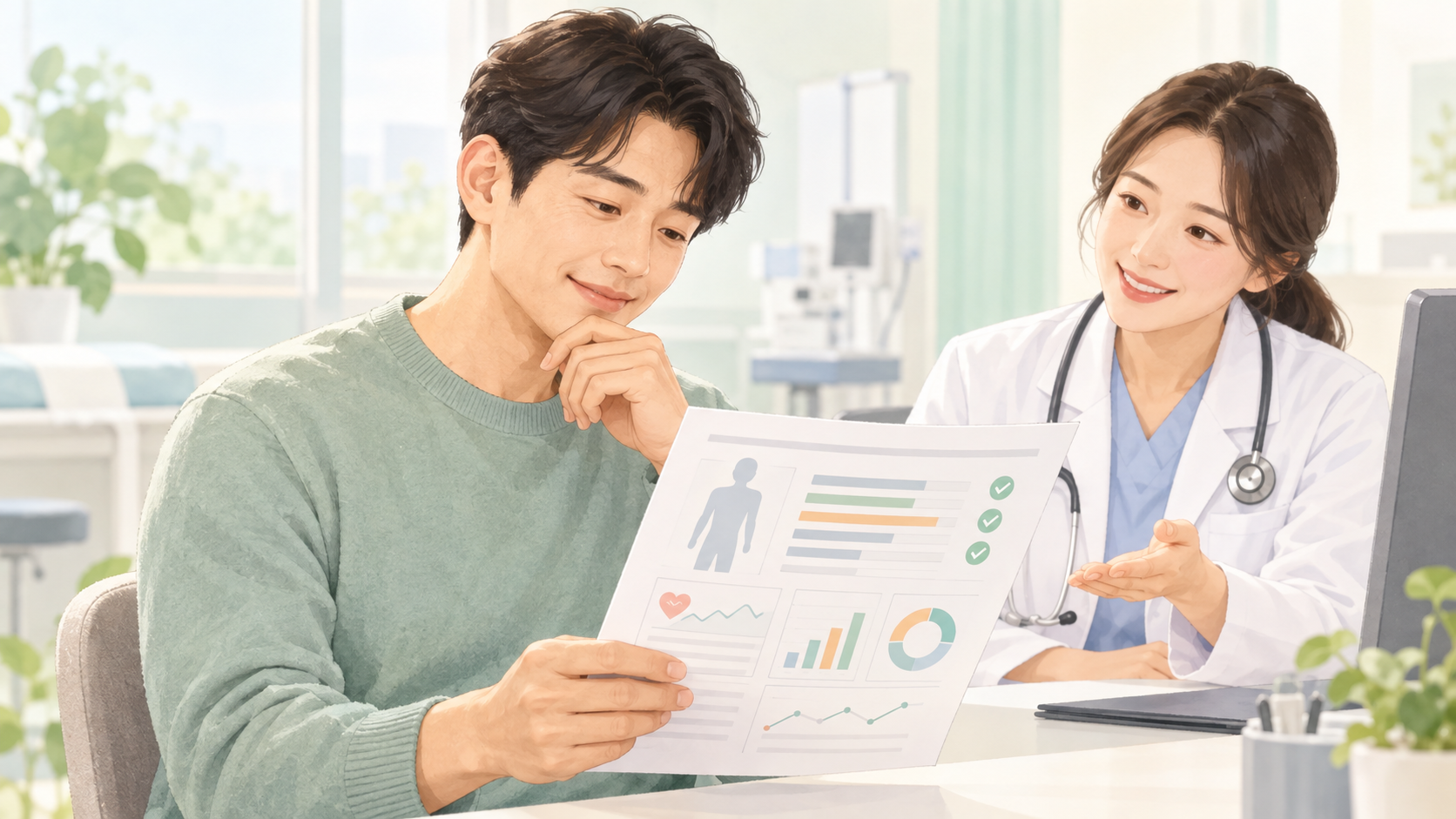 건강검진 결과표를 확인하는 모습과 의료진 상담