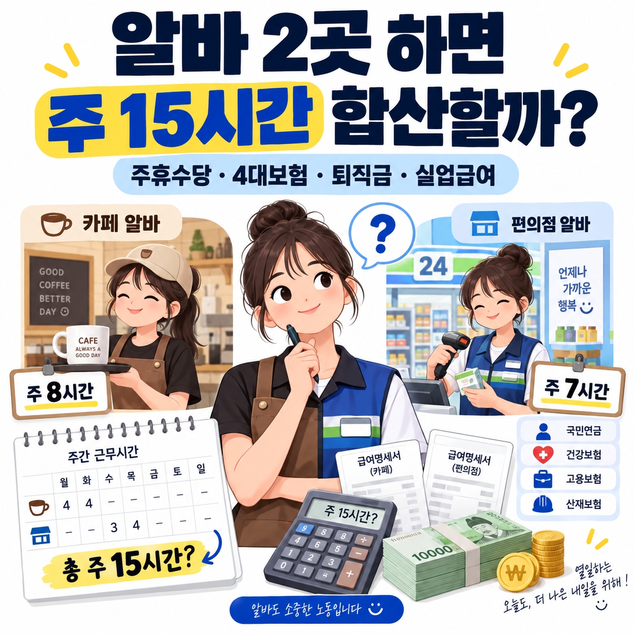 알바 2곳 투잡 주 15시간 합산 여부와 주휴수당 4대보험 퇴직금 실업급여 기준