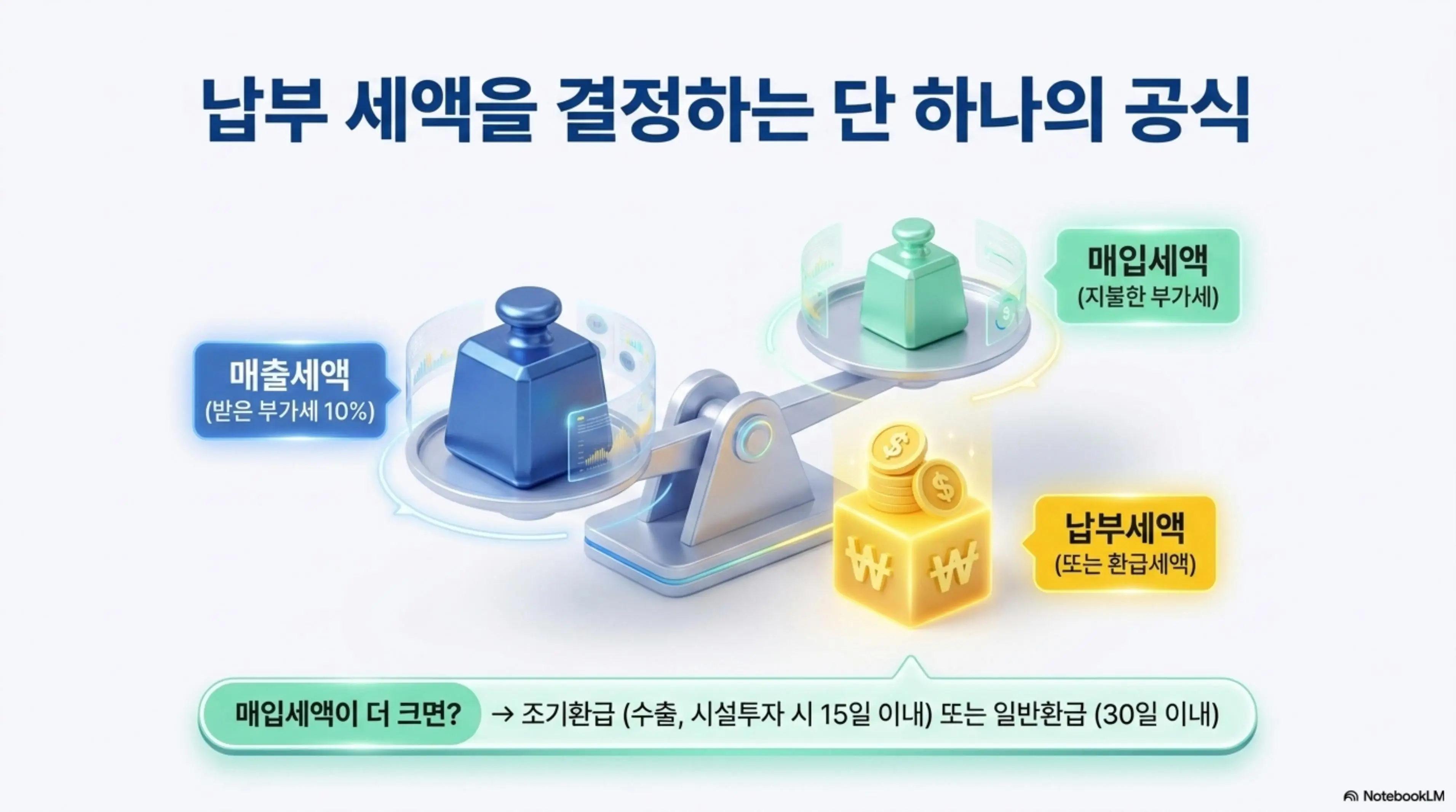 부가가치세 신고기간: 부가가치세 납부세액을 결정하는 핵심 공식을 천칭 저울 일러스트로 표현한 이미지. 왼쪽에 매출세액(받은 부가세 10%)과 오른쪽에 매입세액(지불한 부가세)이 놓여 있으며 차액이 납부세액 또는 환급세액이 되는 구조를 시각적으로 설명함. 매입세액이 더 크면 조기환급 15일 이내 또는 일반환급 30일 이내에 지급된다는 안내 포함
