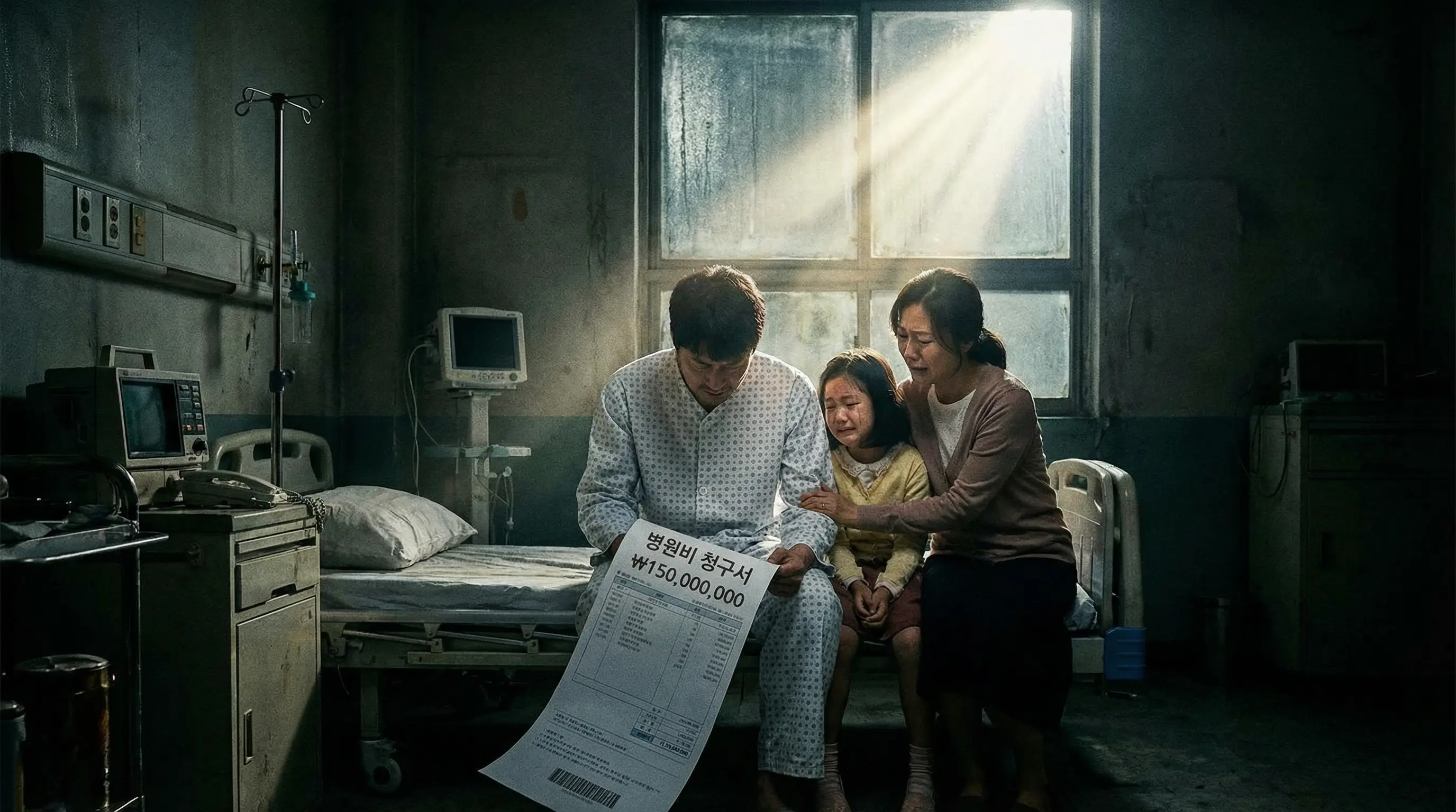 고액의 병원비 청구서를 들고 고개를 떨구며 걱정하는 환자와 가족의 모습, 어두운 배경에서 한 줄기 희망의 빛