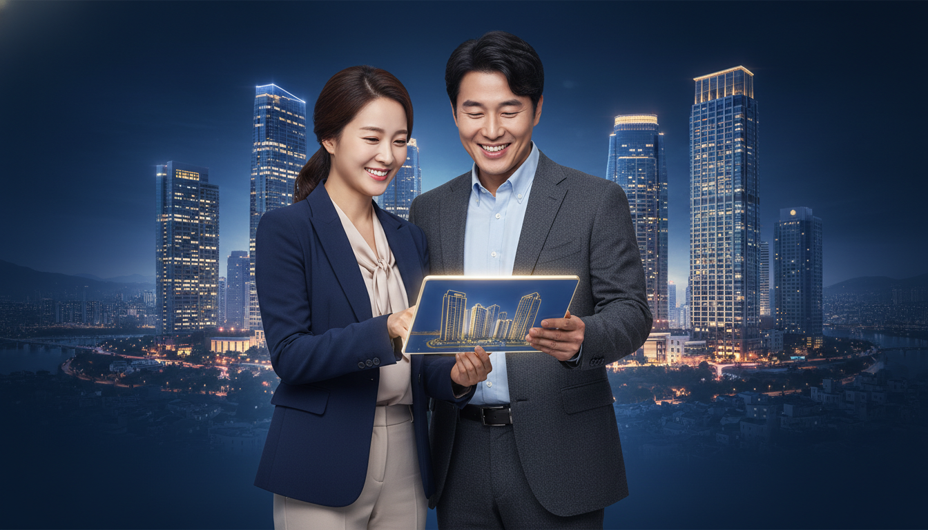공덕역 자이르네 분양 정보가 담긴 태블릿을 보며 미소 짓는 30대 무주택 부부, 성공적인 내 집 마련의 희망을 상징하며 서울 마포 스카이라인이 배경에 보임.