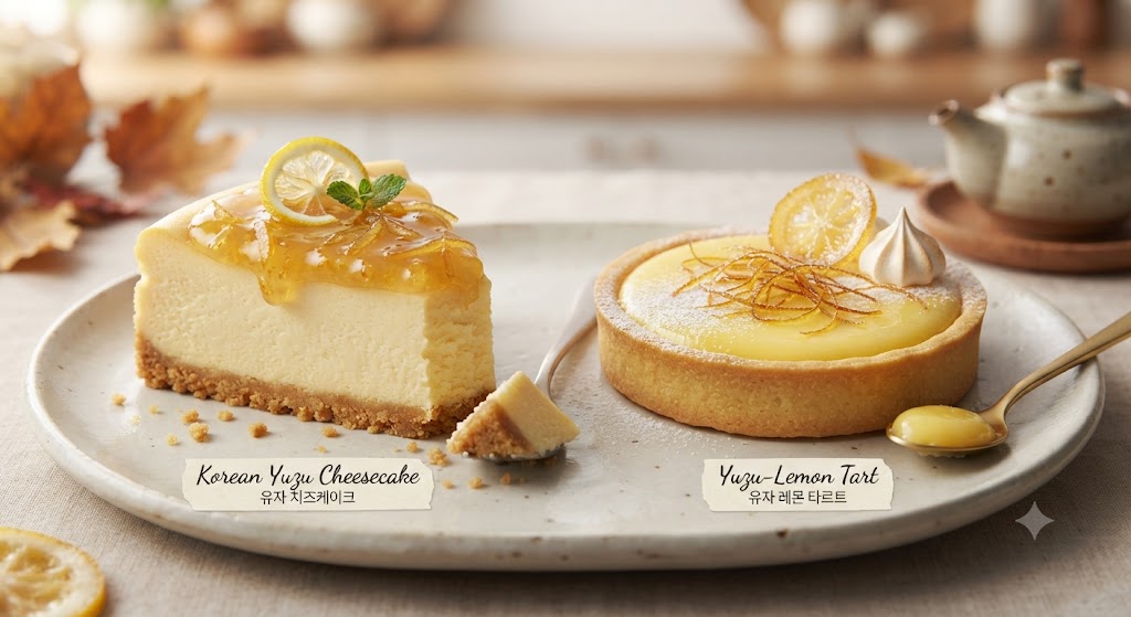 Close-up food photography of Korean Yuzu Cheesecake topped with sweet yuzu jam and Yuzu-Lemon Tart garnished with citrus slices on a ceramic plate