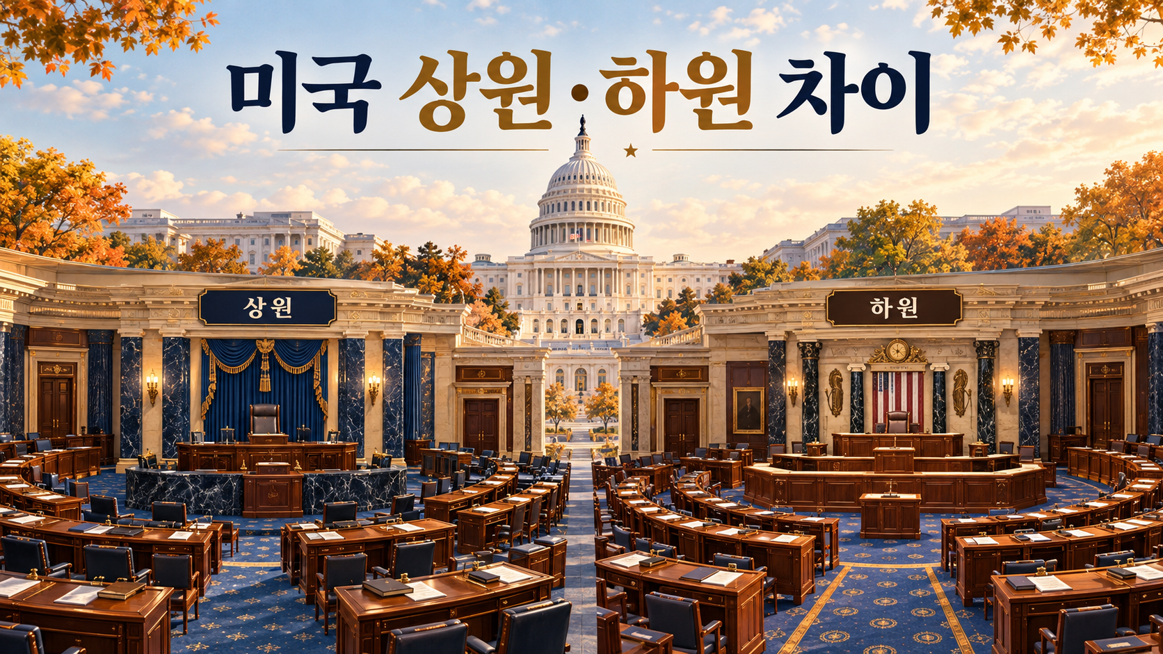 미국 의사당과 상원&middot;하원 두 회의실을 나란히 그린 장면