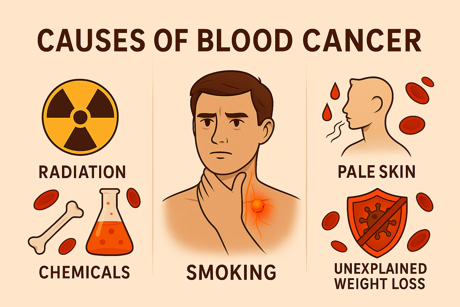 혈액암의 원인들로 방사능과 유전적요인 약물요인 발암물질 그림이 있음