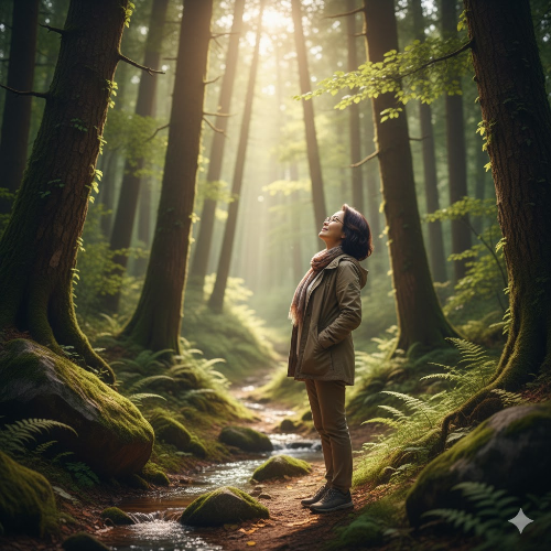 숲길을 걷거나 자연을 바라보며 휴식하는 모습