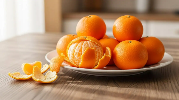 부엌 식탁 위 접시에 귤이 있고, 귤 껍질이 놓여져 있는 모습