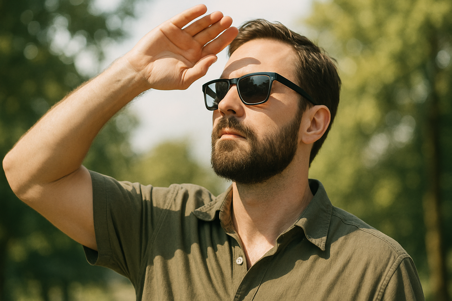 강한 햇빛을 피하기 위해 선글라스를 쓴 남성