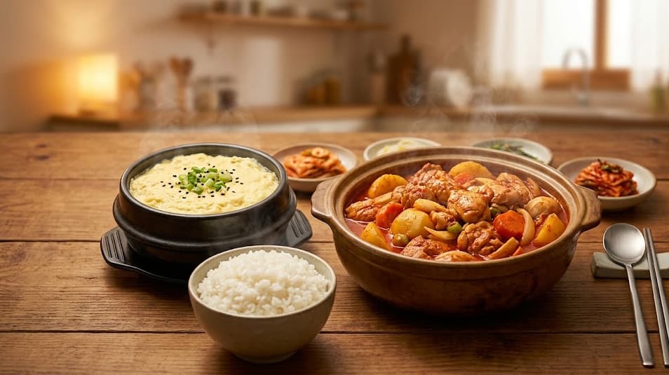 따듯한 흰밥에 닭볶음탕과 부드러운 계란찜, 닭도 먹고 알도 먹고 인간의 식욕은 때로는 무섭죠^^