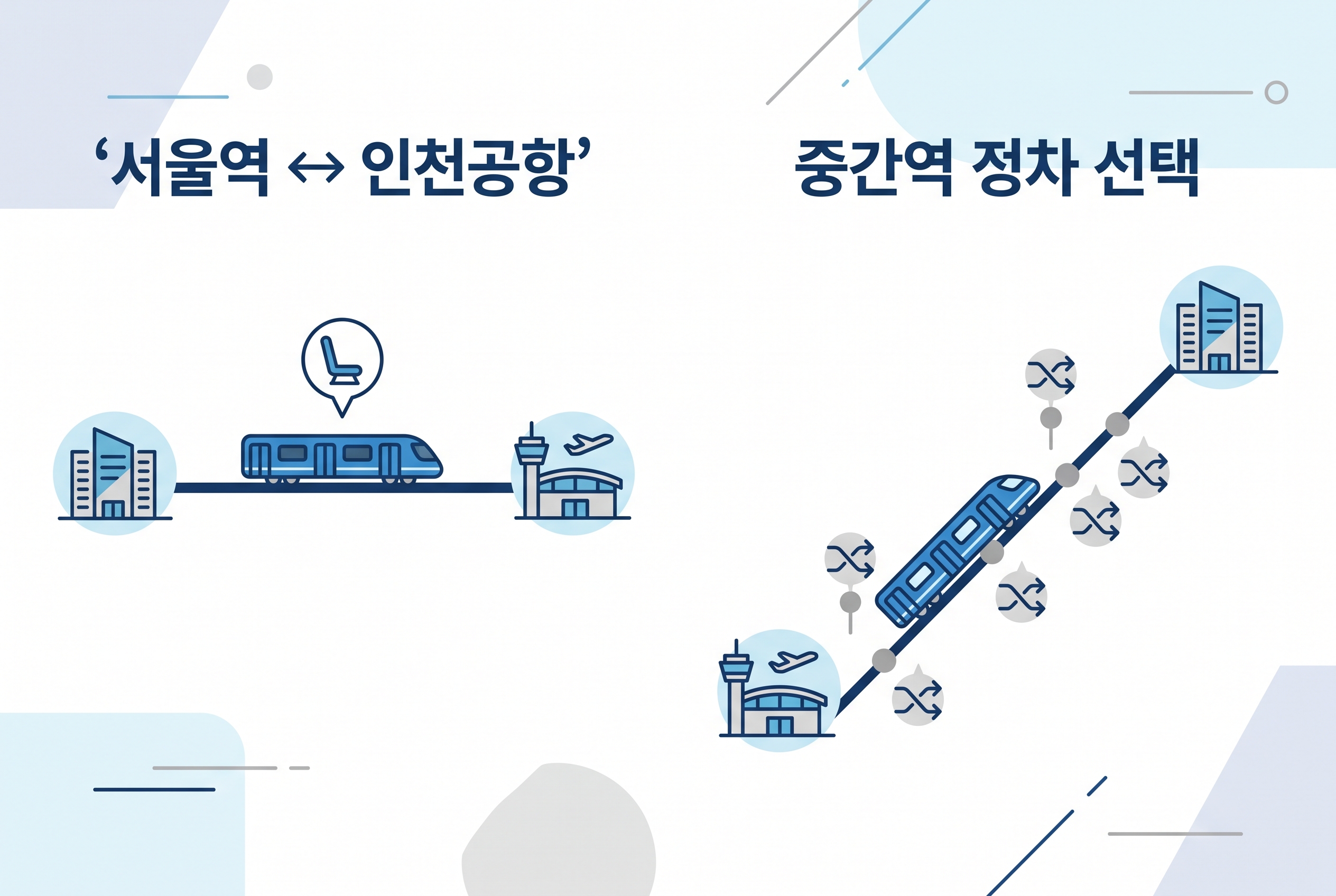 서울역과 인천공항 연결 또는 중간역 정차 목적에 따라 AREX를 선택하는 AI 설명 도식
