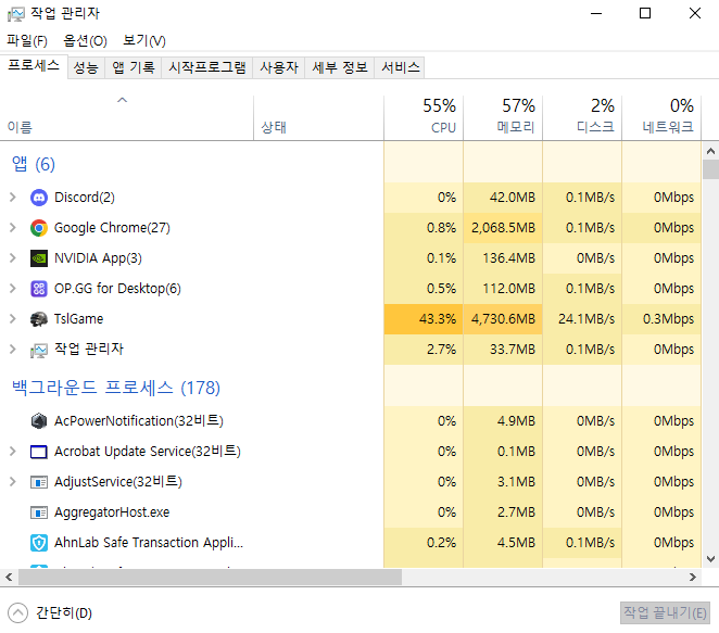 작업 관리자에서 롤 CPU 메모리 GPU 사용량 확인
