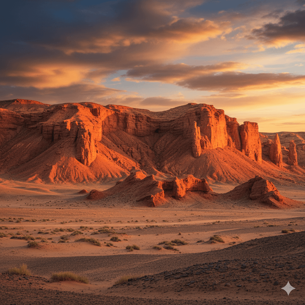 붉게 타오르는 듯한 고비 사막 바위 절벽 아래에서 발견된 고대 유적의 흔적. 몽골여행에서 탐험하는 전설의 흔적이다