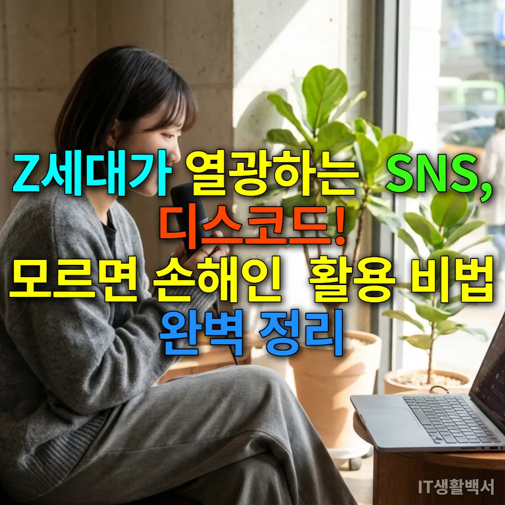 Z세대 여성이 카페에서 노트북으로 디스코드를 사용하며 마이크로 소통하는 모습