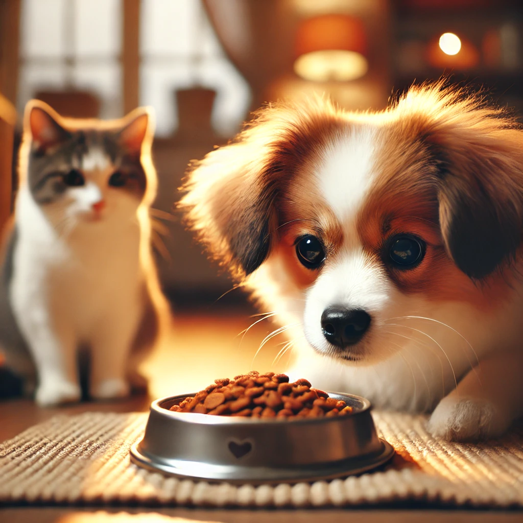 강아지가 조심스럽게 고양이 사료를 한입 먹어보는 모습