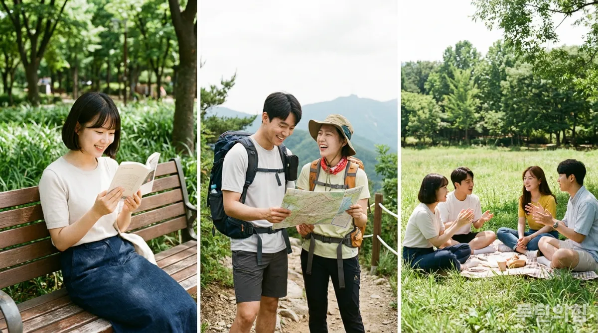 야외에서 스마트폰 없이 여유를 즐기는 한국인, 디지털 디톡스 장면