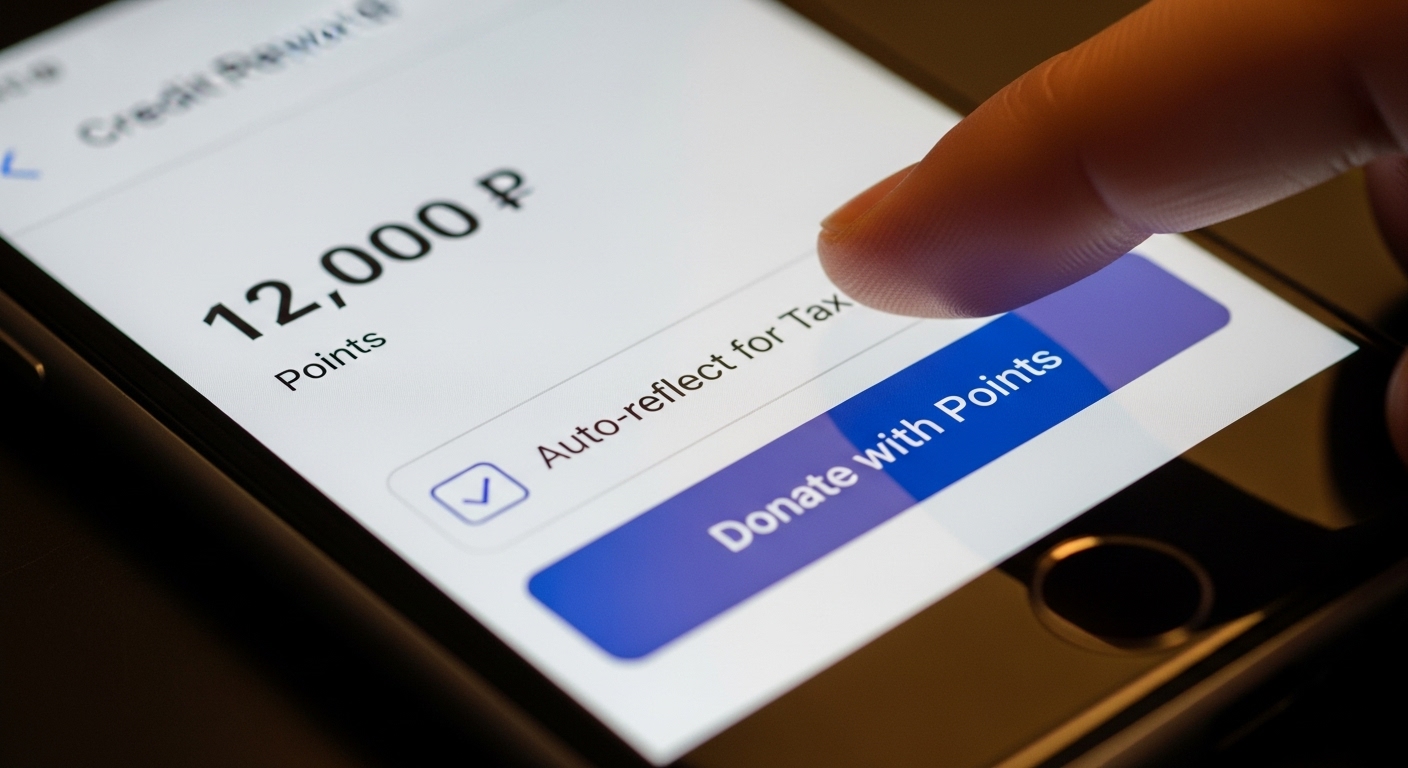 스마트폰 카드사 앱에서 '포인트 기부' 버튼을 누르고, '연말정산 기부금 자동 반영'에 체크하는 이미지