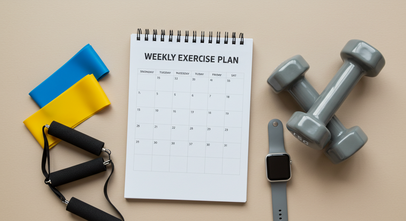 중년 운동 루틴을 기록한 플래너와 운동 소품