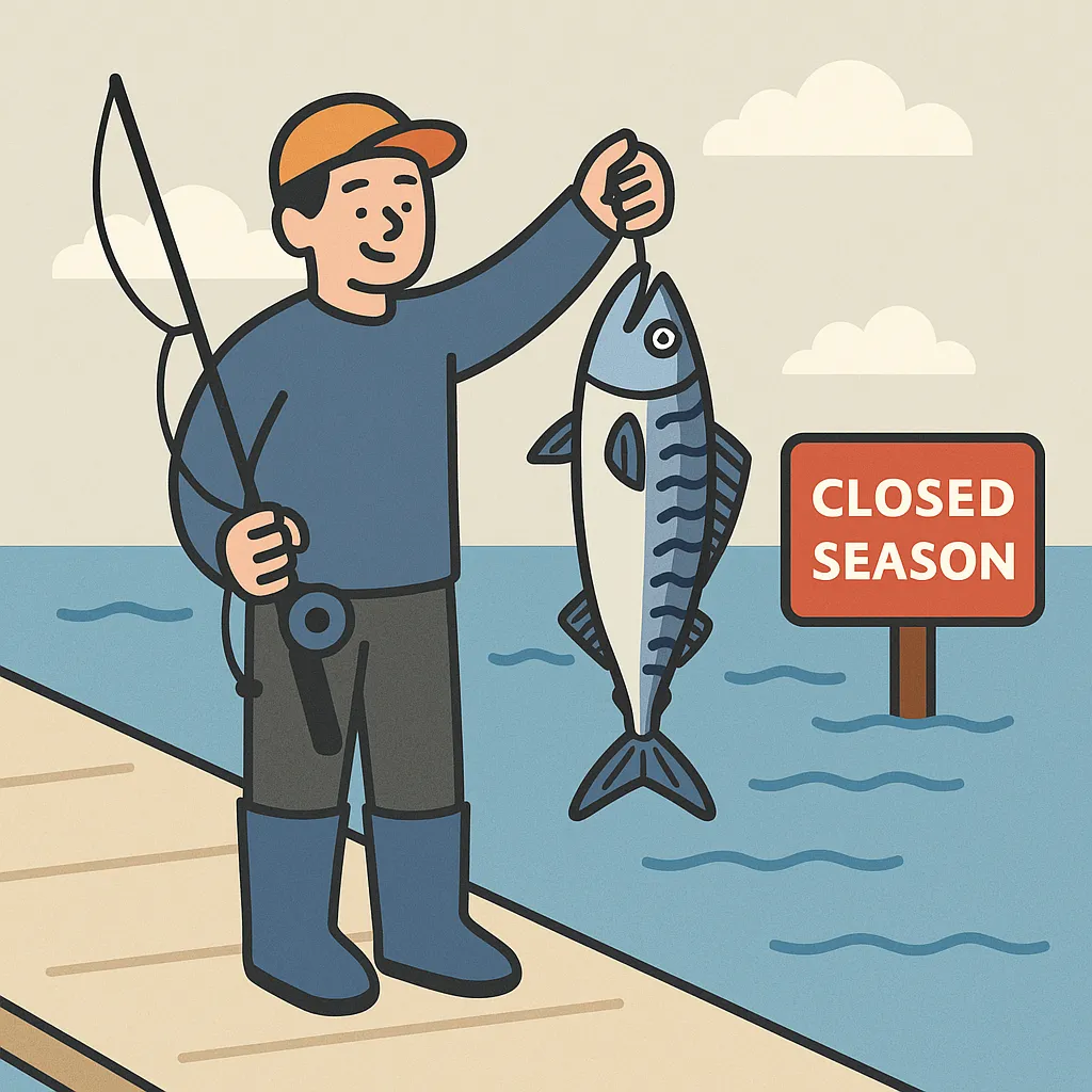 고등어를 들고 있는 낚시인과 닫힌 시즌 표지판이 있는 방파제 장면