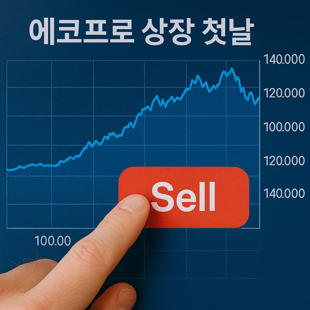 에코프로 상장일 주가 차트 위에서 매도 버튼을 누르는 장면