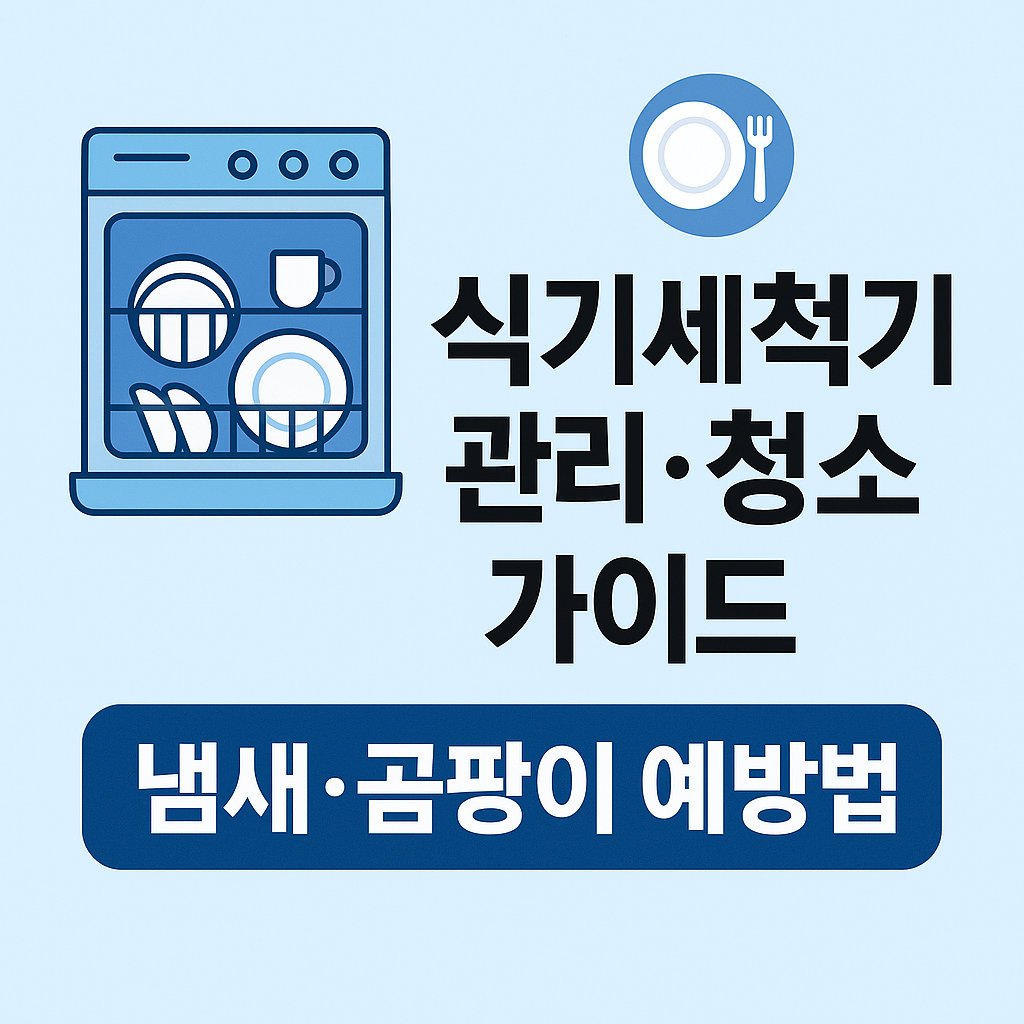 식기세척기 관리와 청소 가이드 썸네일 이미지. 파란색 배경에 열린 식기세척기와 그릇, 컵이 정리된 모습이 있고, '식기세척기 관리·청소 가이드 – 냄새·곰팡이 예방법'이라는 굵은 한글 문구가 들어간 깔끔한 디자인.