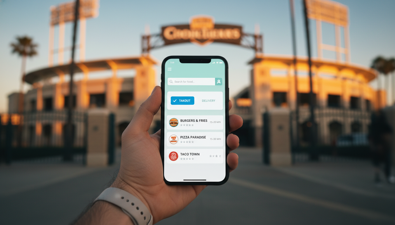 잠실야구장 앞에서 배달 앱의 포장 기능을 사용하는 스마트폰 화면