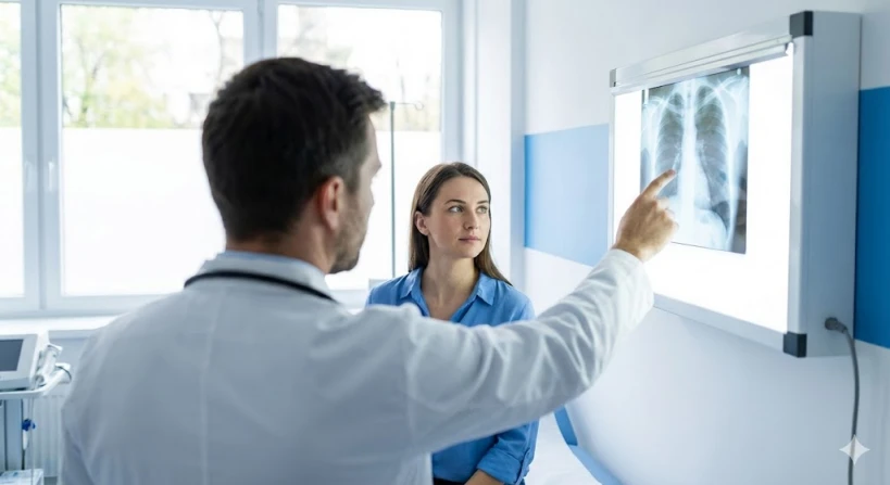 밝고 깨끗한 진료실에서 의사가 엑스레이 사진을 가리키며 환자에게 설명하고 있는 모습입니다. 의사의 신뢰감 있는 뒷모습과 집중하는 환자의 모습이 담겨 있으며, 전체적으로 하얗고 파란 톤이 전문적이고 위생적인 느낌을 줍니다.