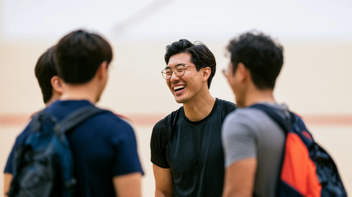 스쿼시 전 스트레칭하는 사람