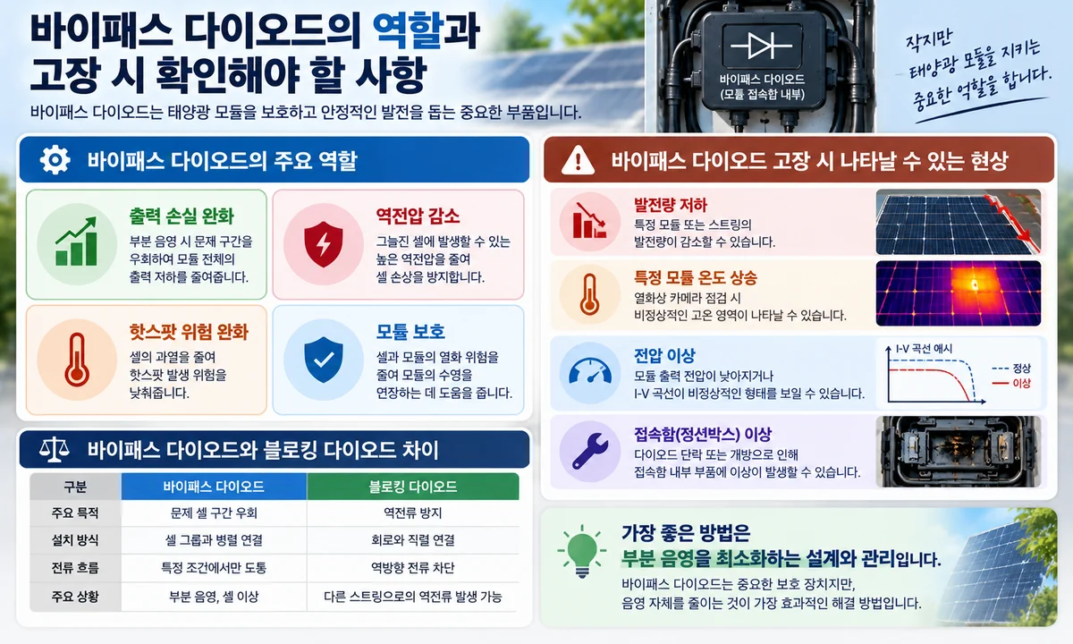 바이패스 다이오드의 주요 역할과 고장 증상 및 블로킹 다이오드 차이를 정리한 인포그래픽