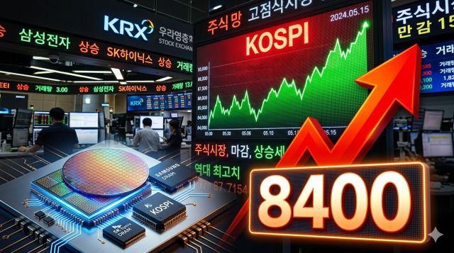 코스피 8400 돌파 기대감과 반도체 중심 상승 흐름을 설명하는 이미지