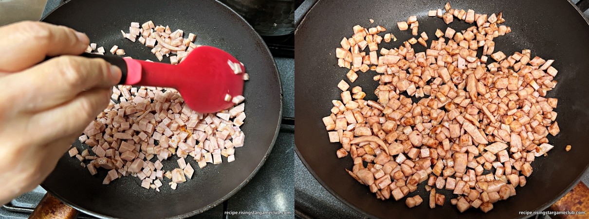 샐러드 빵 (사라다 빵)에 들어갈 햄을 볶는 사진